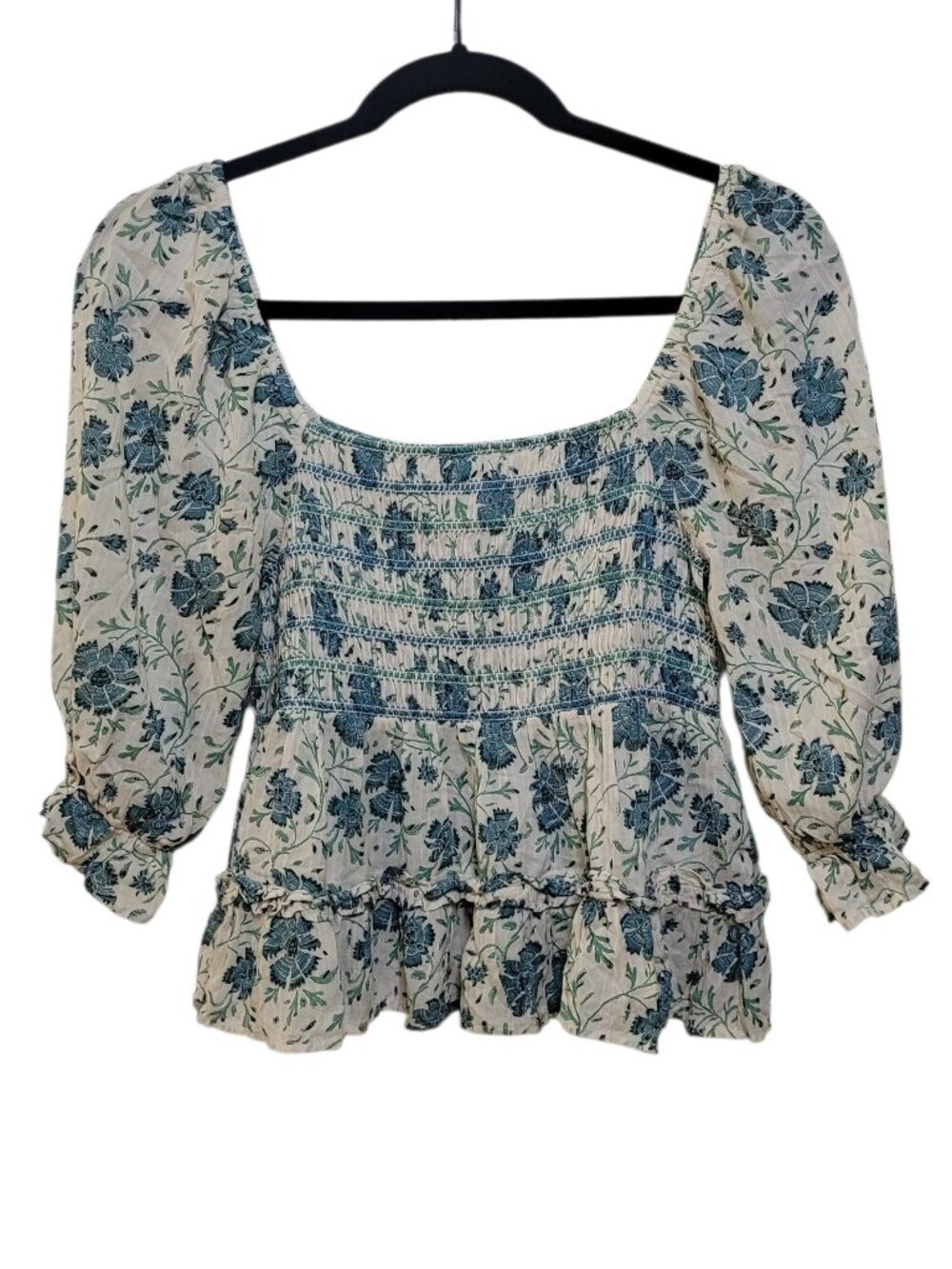American Eagle Floral Square Neck Smocked Peplum Puff Sleeve Top Blouse Small